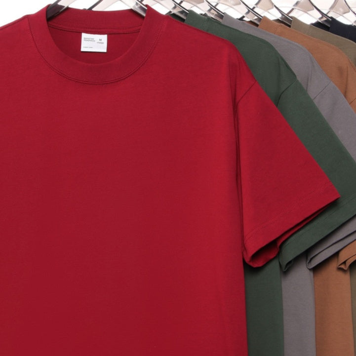 Mens Pure Cotton Solid-Color Drop Shoulder Crew Neck Shirt With Double Yarn