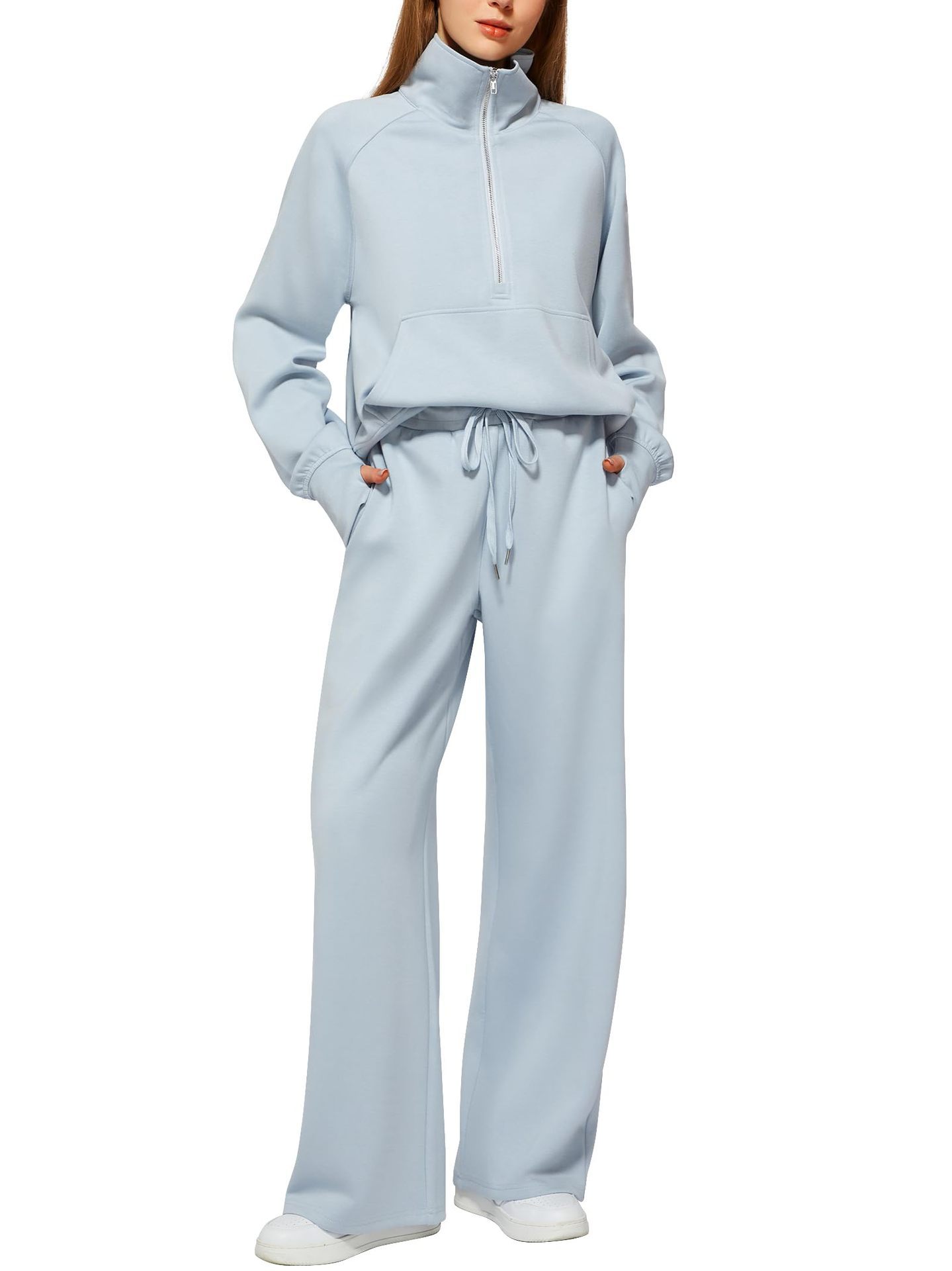 Half Zip Long Sleeve Sweatshirt And Wide Leg Pants