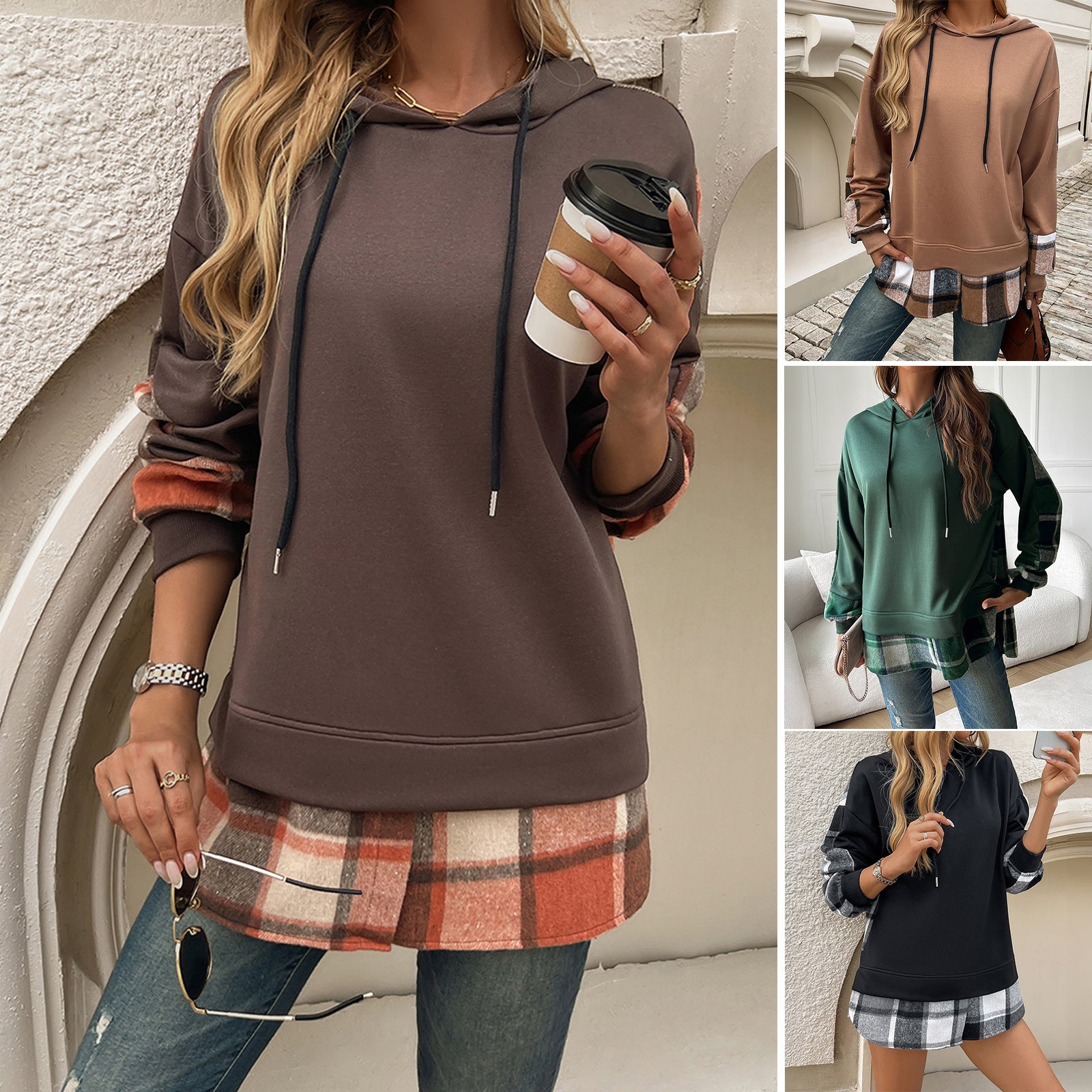 Women's Vintage Oversized Hoodie With Plaid Patchwork