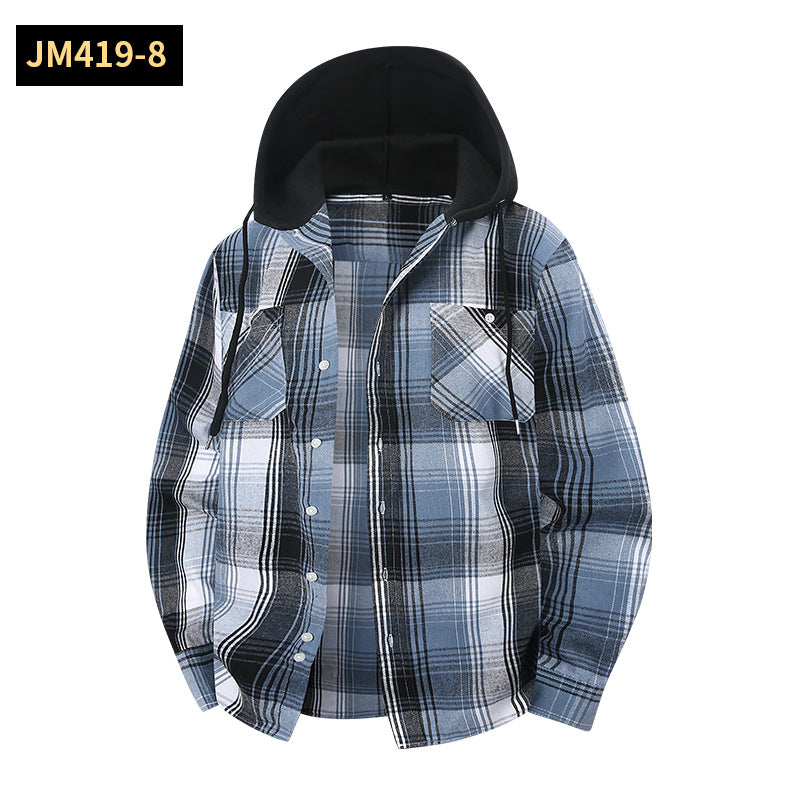 Men's Plaid Shirt Casual Hooded Jacket With Two Pockets
