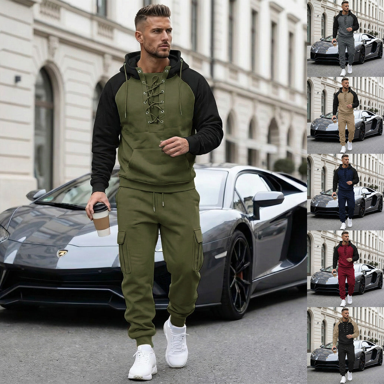 Men’s Fleece-Lined 2-Piece Hoodie & Cargo Jogger Set (Raglan Sleeves, Multi Pockets)