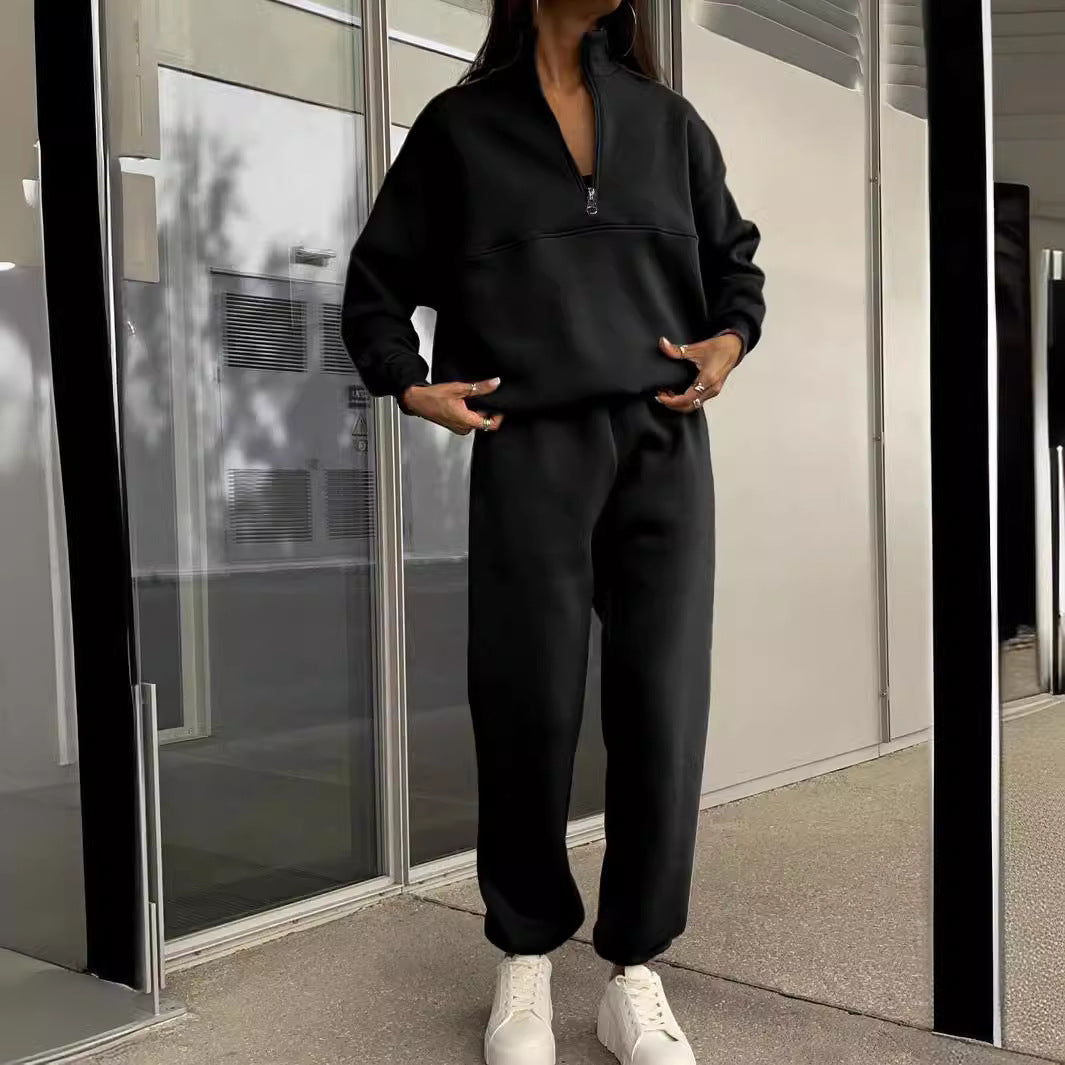 Long-sleeved Sports Sweatshirt And Elastic Band Trousers With Pocket
