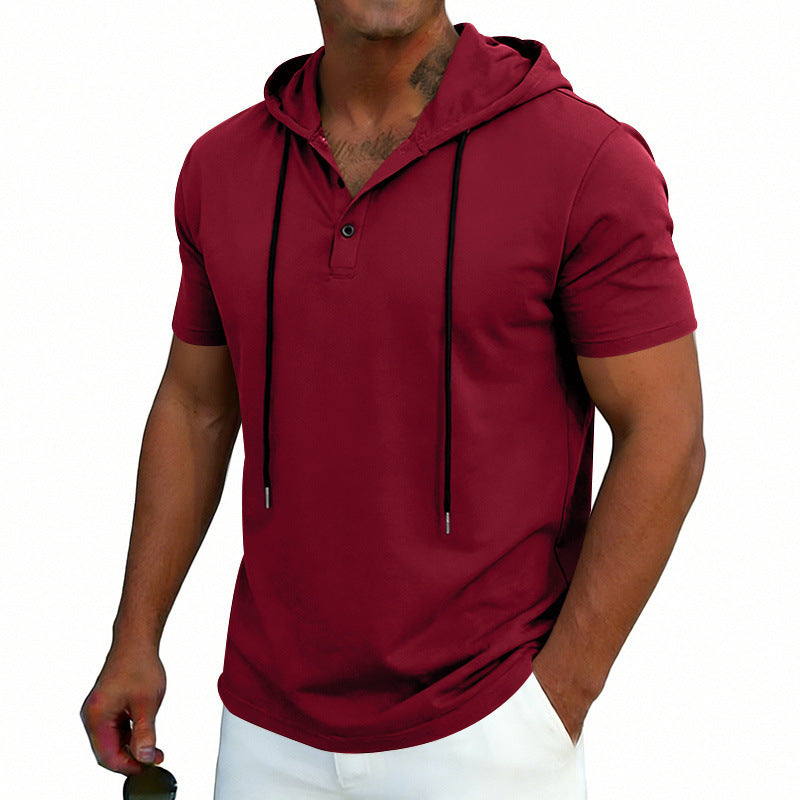 Men's Henley-Neck Drawstring Short-Sleeve Hoodie T-Shirt