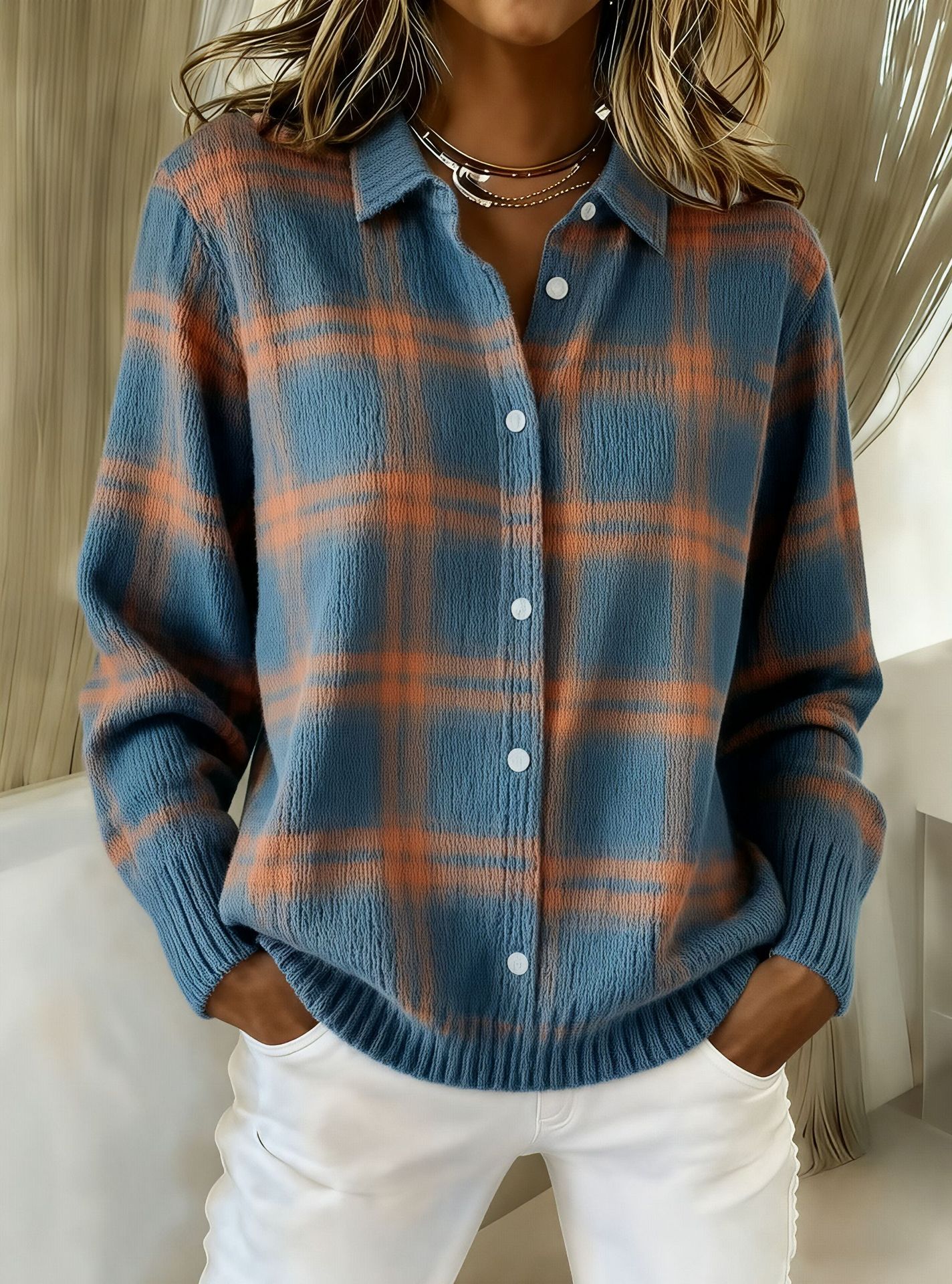 Printed Lapel Sweater Fashion Casual Long-sleeved Button Pullover