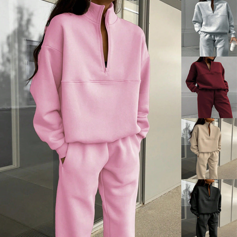 Long-sleeved Sports Sweatshirt And Elastic Band Trousers With Pocket