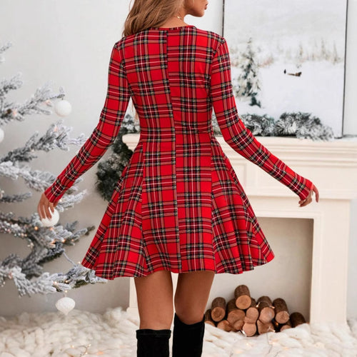 Artistic Vintage Women's Clothing Popular Plaid Slim Fit Dress