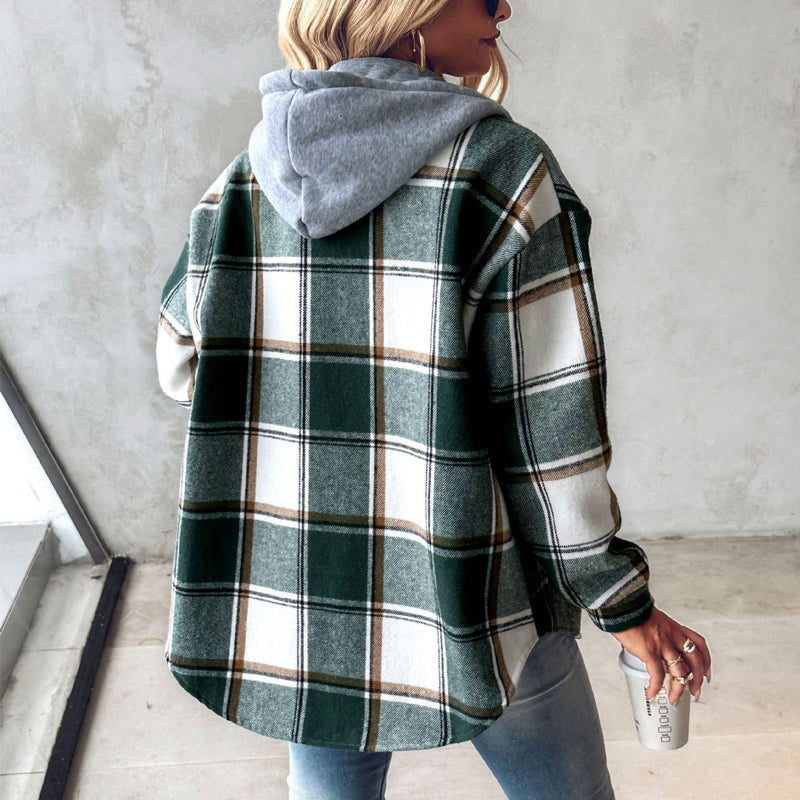 Plaid Hooded Jacket Fashion Casual Button Pocket Coat