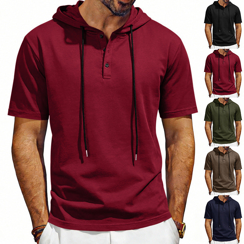 Men's Henley-Neck Drawstring Short-Sleeve Hoodie T-Shirt