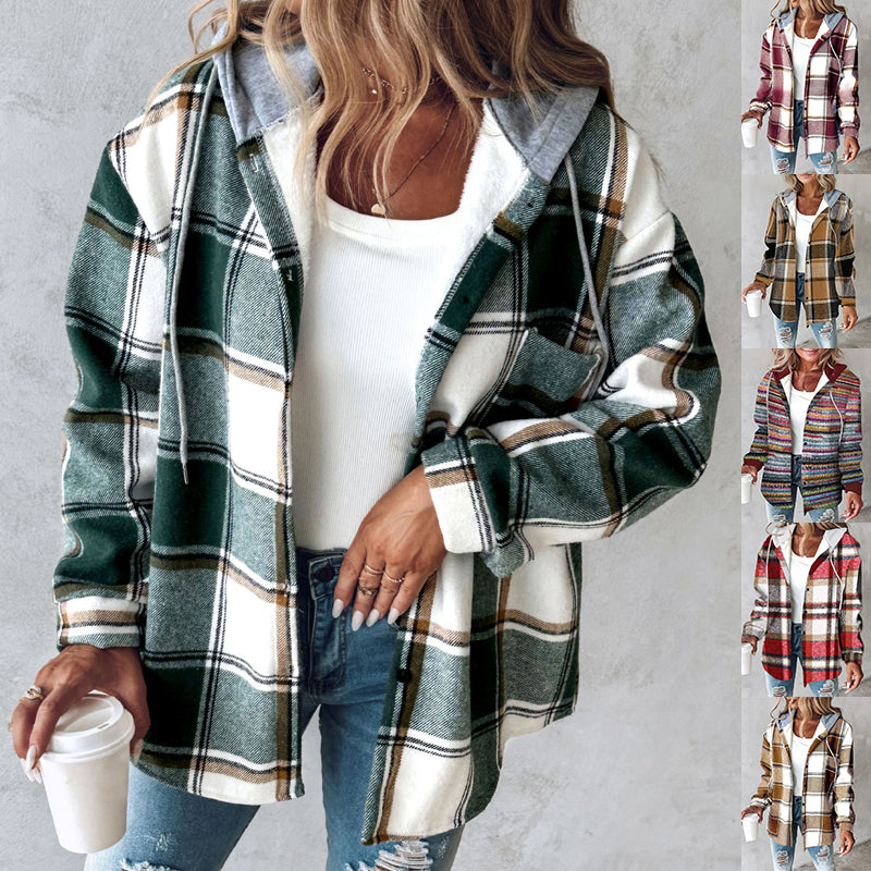 Plaid Hooded Jacket Fashion Casual Button Pocket Coat