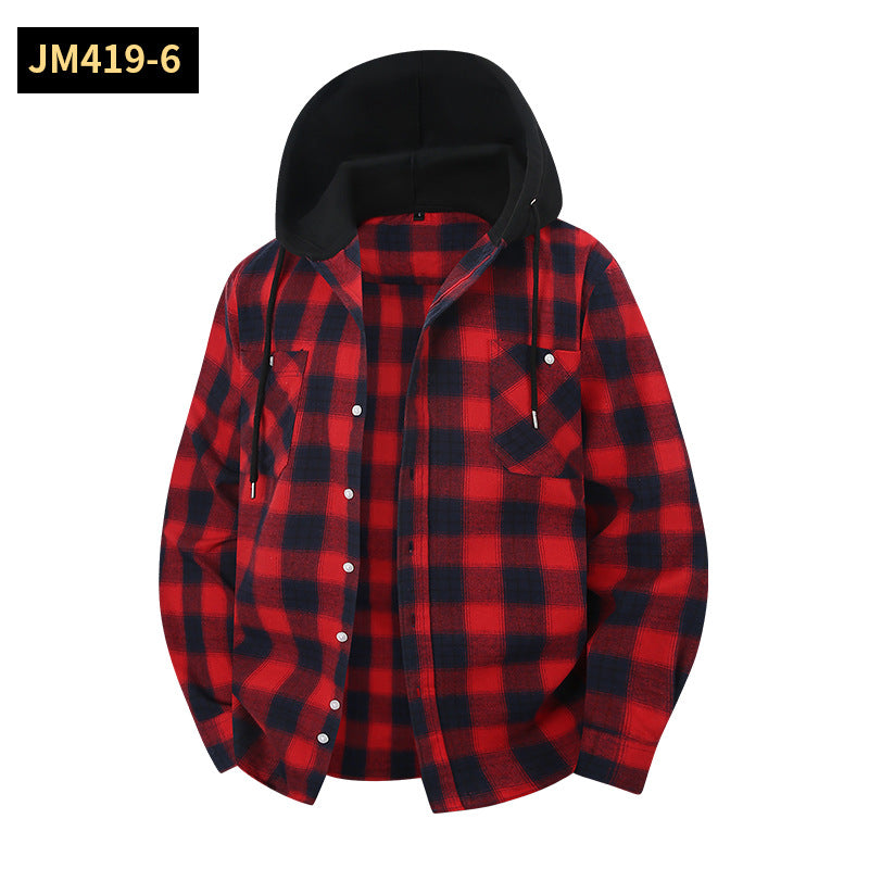 Men's Plaid Shirt Casual Hooded Jacket With Two Pockets