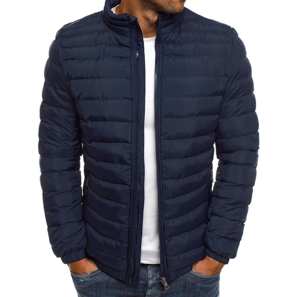 Men Jacket Zipper Solid Color Long Sleeves Coldproof Coat
