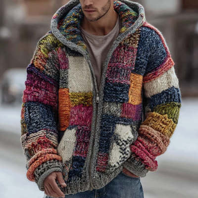 Men’s Colour Block Plaid Hoodie Jacket | Warm Zip Up Coat