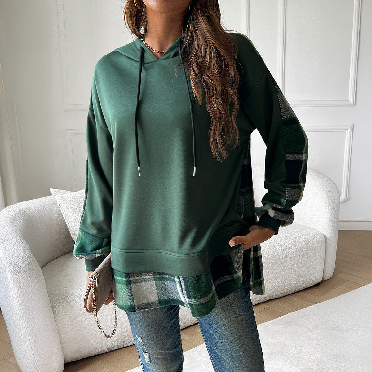 Women's Vintage Oversized Hoodie With Plaid Patchwork