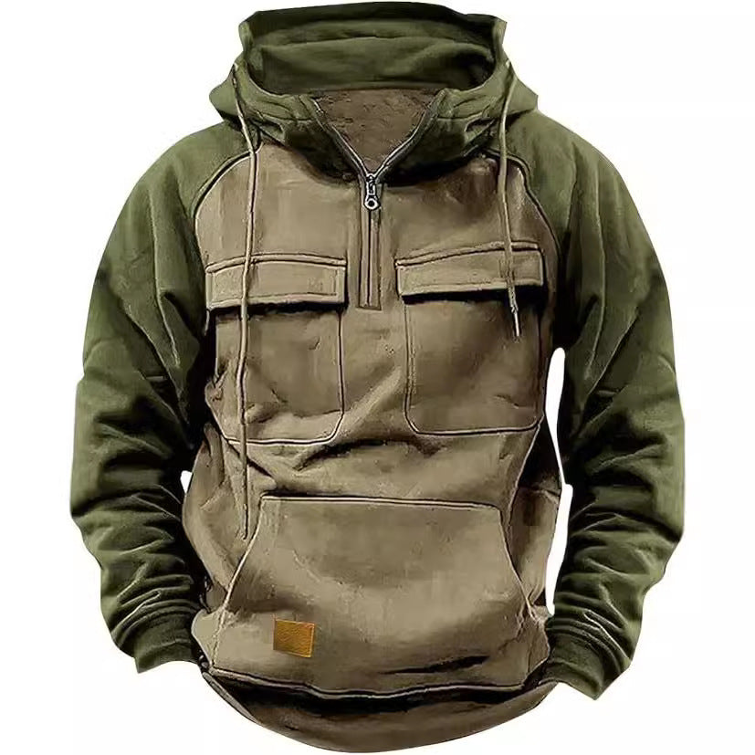 🔥 Fall Winter Retro Cargo Hoodie – Men’s Half Zip Fleece Jacket 🔥