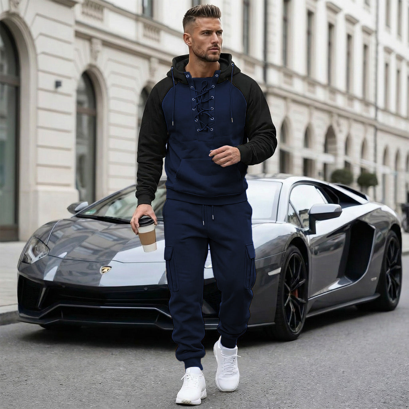 Men’s Fleece-Lined 2-Piece Hoodie & Cargo Jogger Set (Raglan Sleeves, Multi Pockets)
