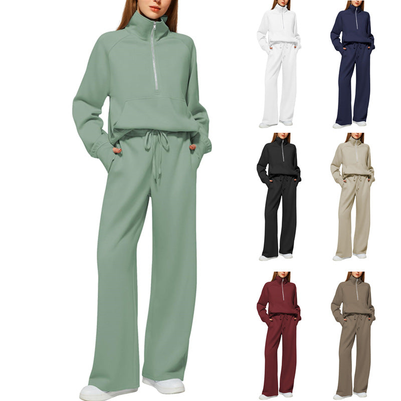 Half Zip Long Sleeve Sweatshirt And Wide Leg Pants