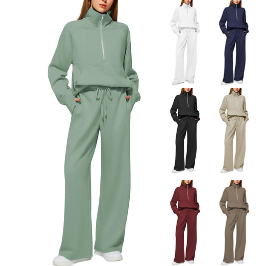 Woman Solid Color Half Zip Long Sleeve Sweatshirt And Wide Leg Pants