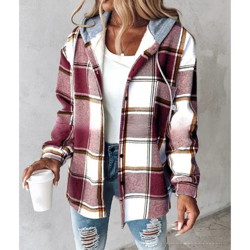 Plaid Hooded Jacket Fashion Casual Button Pocket Coat
