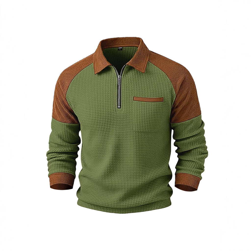 Men's Waffle-Weave Lapel Half-Zip Polo Shirt Top Casual Sweatshirt