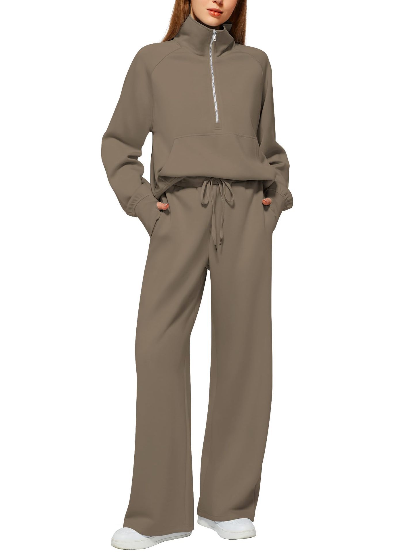 Half Zip Long Sleeve Sweatshirt And Wide Leg Pants