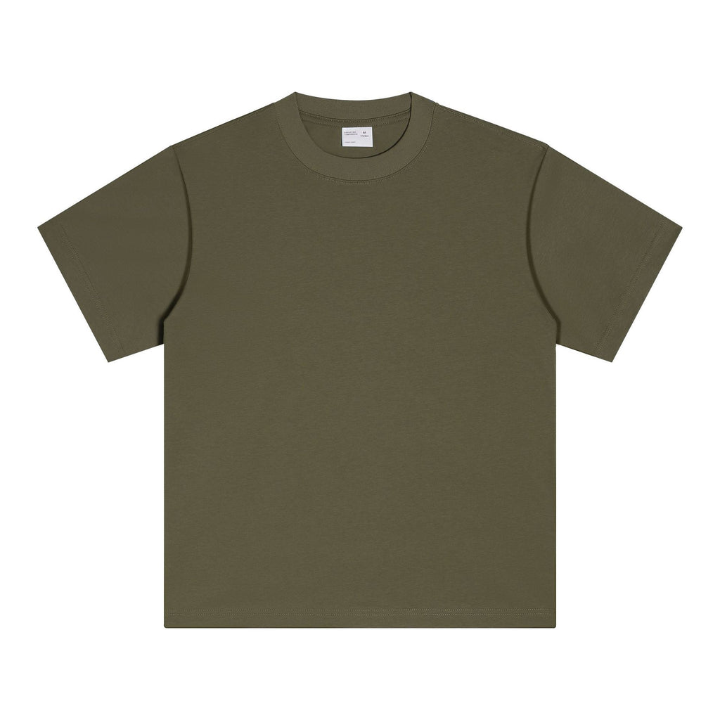 Mens Pure Cotton Solid-Color Drop Shoulder Crew Neck Shirt With Double Yarn