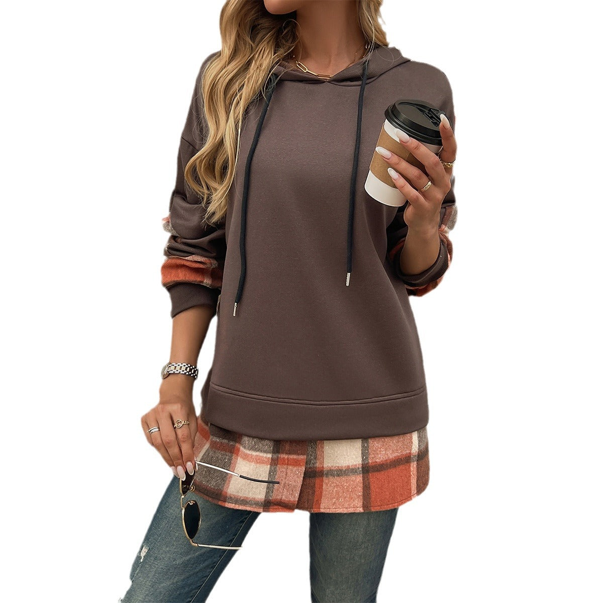 Women's Vintage Oversized Hoodie With Plaid Patchwork
