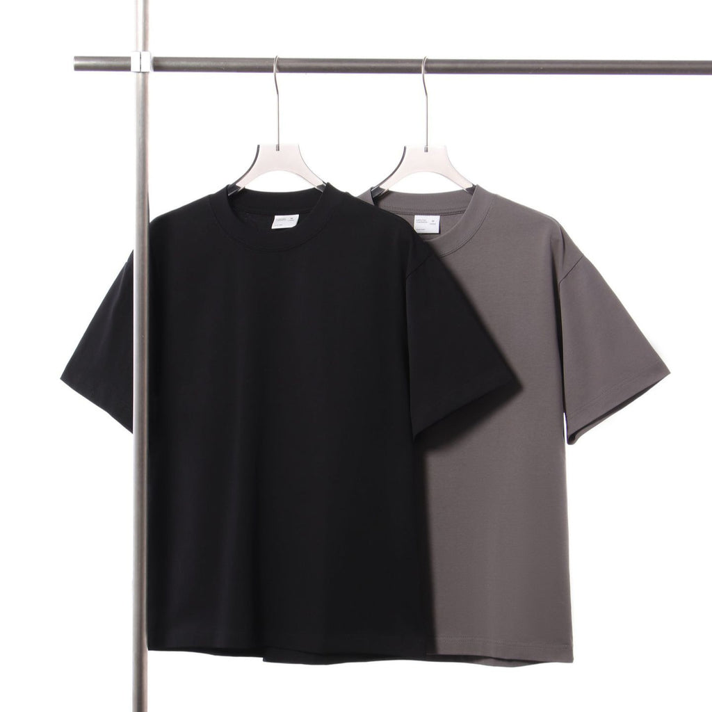 Mens Pure Cotton Solid-Color Drop Shoulder Crew Neck Shirt With Double Yarn