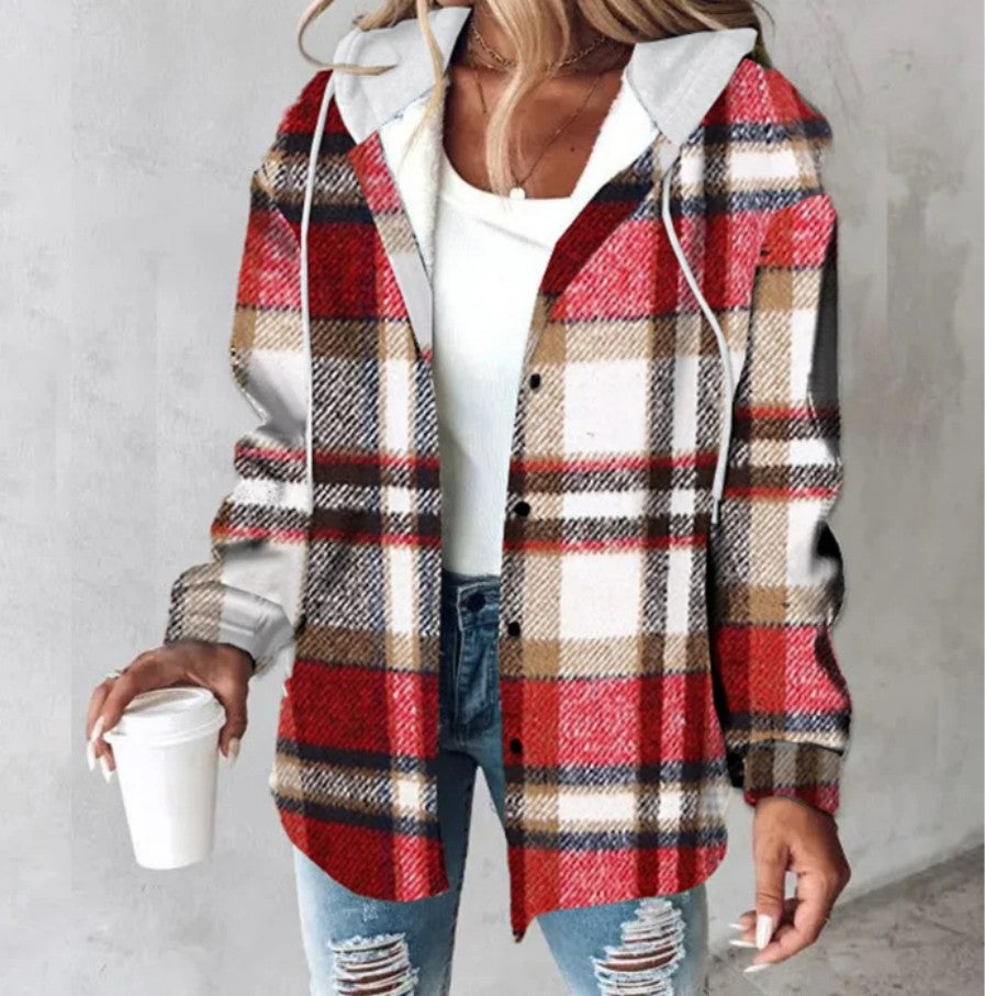 Plaid Hooded Jacket Fashion Casual Button Pocket Coat
